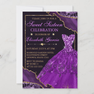 Purple Watercolor Dress & Glitter Agate Sweet 16  Invitation
