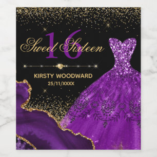Purple Watercolor Dress & glitter agate Sweet 16 Wine Label