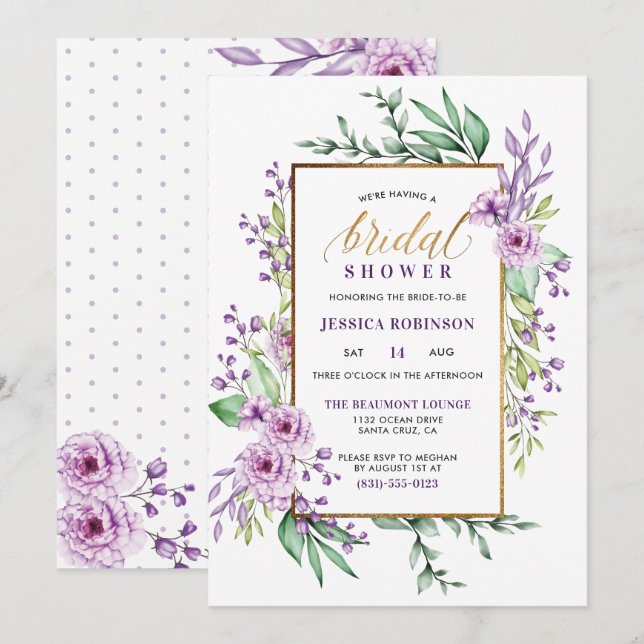 Purple Watercolor & Elegant Script Bridal Shower Invitation (Front/Back)