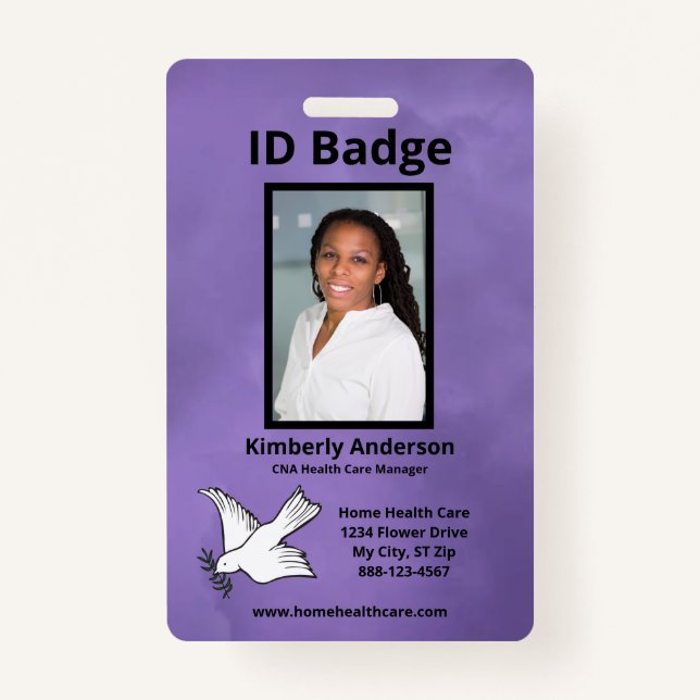 Purple Watercolor Employee Photo Name Logo ID Badge (Front)
