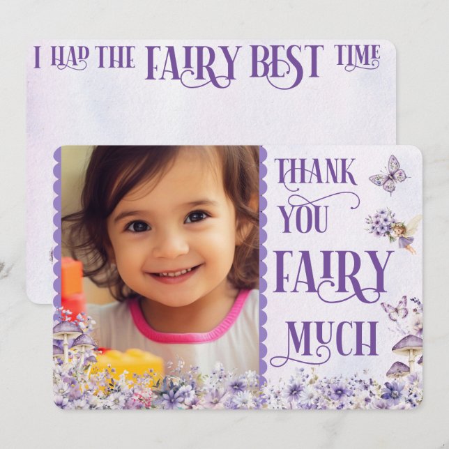 Purple Watercolor Fairy Birthday Photo Thank You  Card (Front/Back)