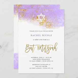Purple Watercolor Faux Gold Bat Mitzvah Invitation