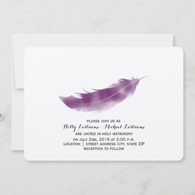 Purple Watercolor Feather Wedding Invitation (Front)