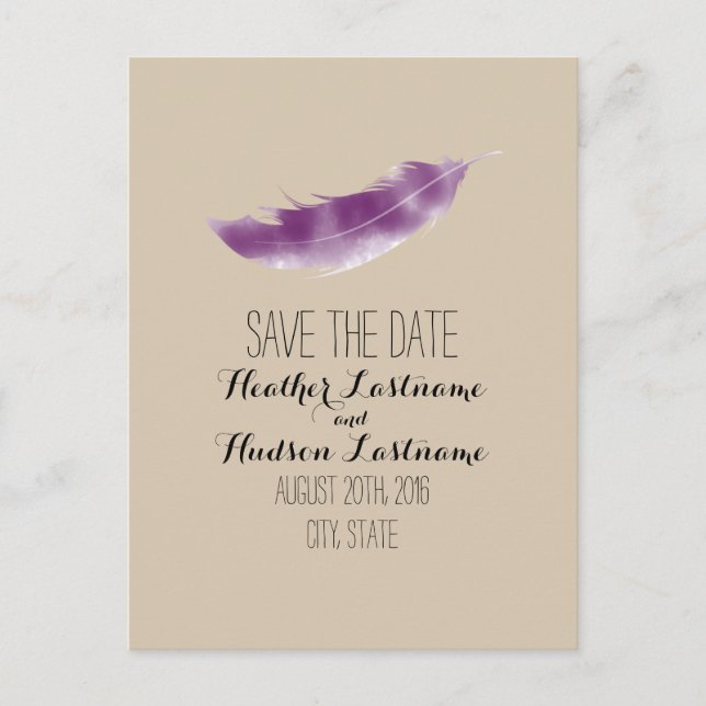 Purple Watercolor Feather Wedding Save The Date Announcement Postcard (Front)