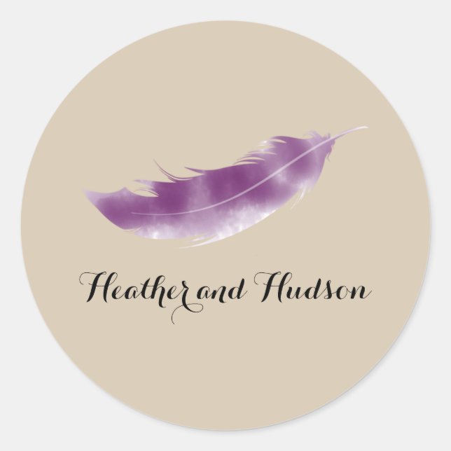 Purple Watercolor Feather Wedding Sticker (Front)