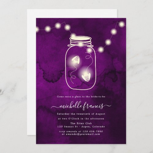 Purple Watercolor Firefly Mason Jar Bridal Shower Invitation