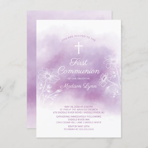 Purple Watercolor First Communion Invitation