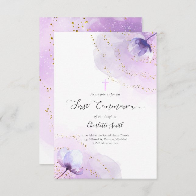 purple watercolor First Communion Invitation (Front/Back)
