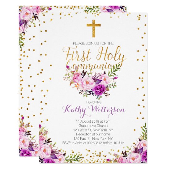 Purple Watercolor First Holy Communion Invitation