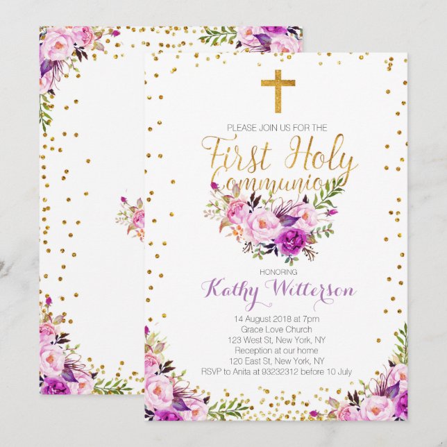 Purple Watercolor First Holy Communion Invitation (Front/Back)