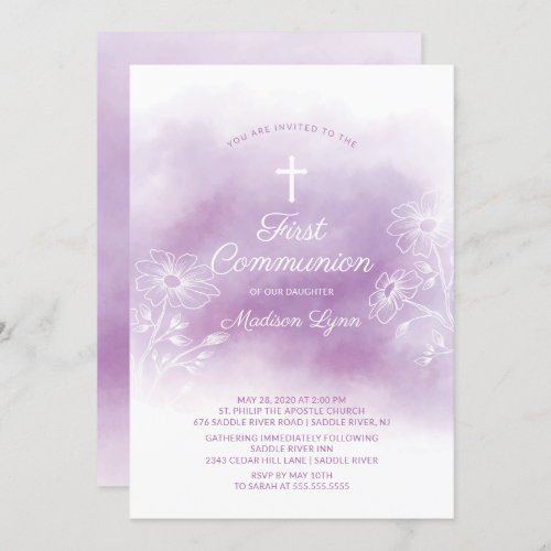 Purple Watercolor First Holy Communion Invitation