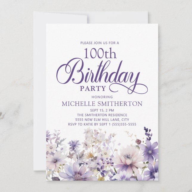 Purple Watercolor Floral 100th Birthday Invitation (Front)