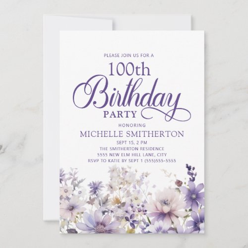 Purple Watercolor Floral 100th Birthday Invitation
