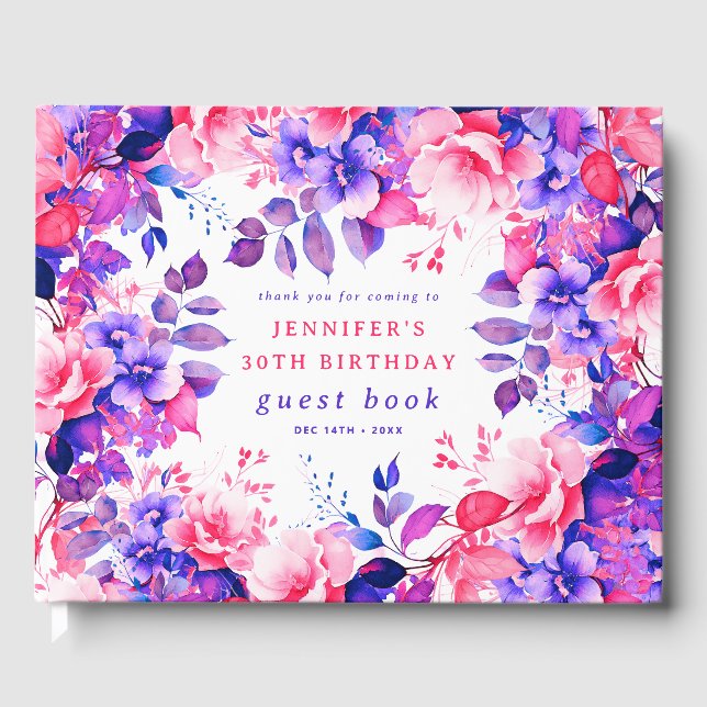 Purple Watercolor Floral 30th Birthday Guest Book (Front)