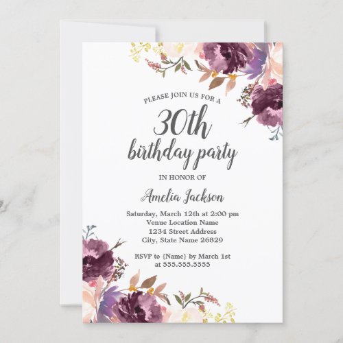 Purple Watercolor Floral 30th Birthday Party Invitation