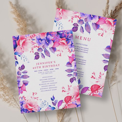 Purple Watercolor Floral 40 Birthday Program Menu