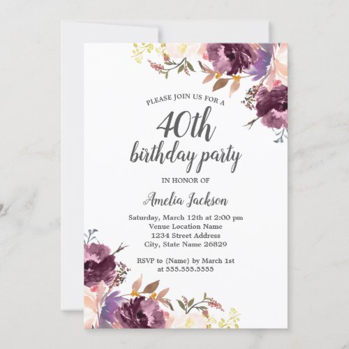 Purple Watercolor Floral 40th Birthday Party Invitation