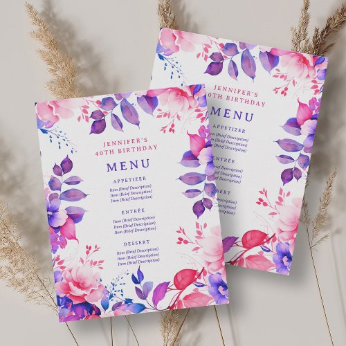 Purple Watercolor Floral 40th Birthday Party Menu Invitation