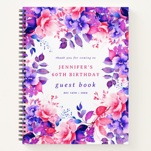 Purple Watercolor Floral 60th Birthday Guest Book