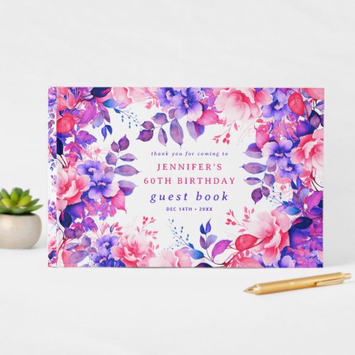 Purple Watercolor Floral 60th Birthday Guest Book