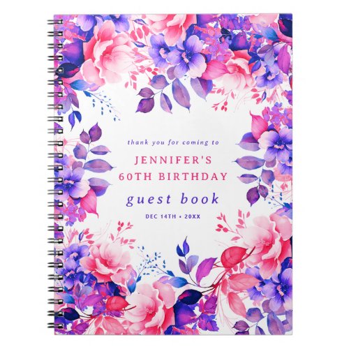 Purple Watercolor Floral 60th Birthday Guest Book