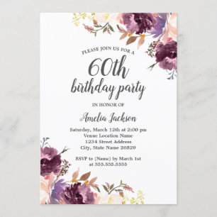 Purple Watercolor Floral 60th Birthday Party Invitation