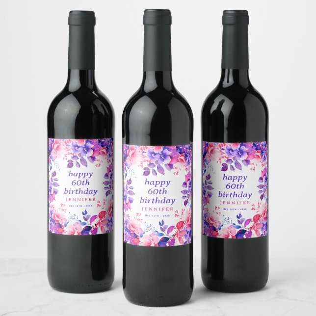 Purple Watercolor Floral 60th Happy Birthday  Wine Label (Bottles)