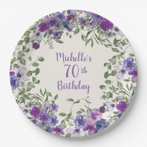 Purple Watercolor Floral 70th Birthday    Paper Plates