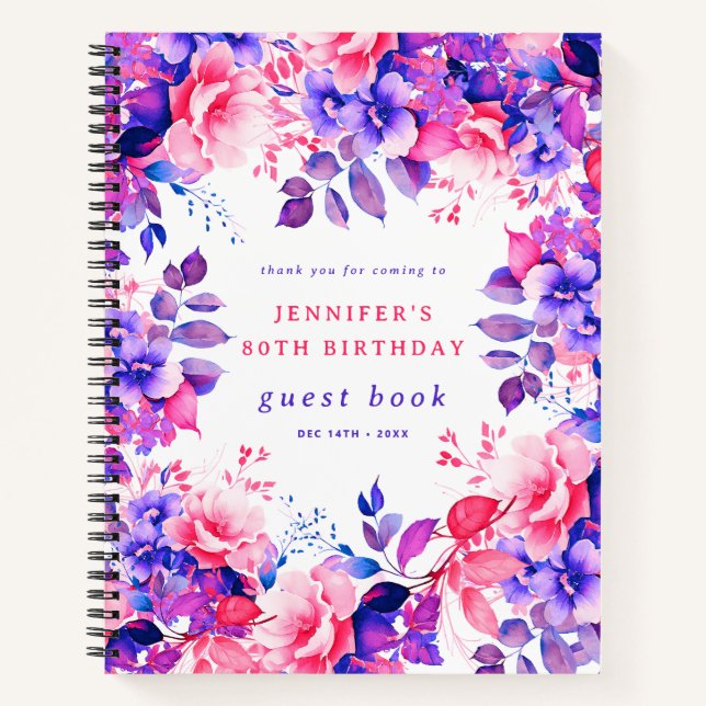 Purple Watercolor Floral 80th Birthday Guest Book (Front)