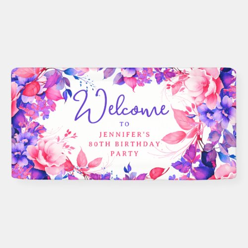 Purple Watercolor Floral 80th Birthday Party Banner