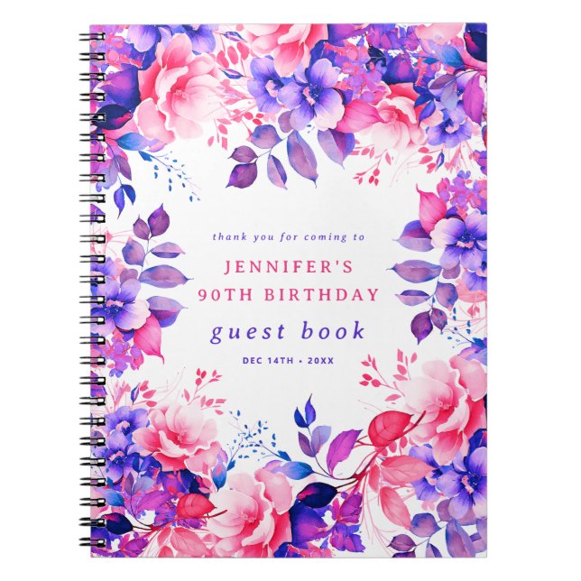Purple Watercolor Floral 90th Birthday Guest Book (Front)