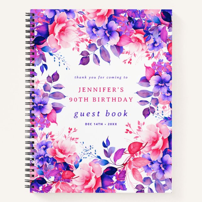 Purple Watercolor Floral 90th Birthday Guest Book (Front)