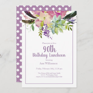 Purple Watercolor Floral 90th Birthday Invitation