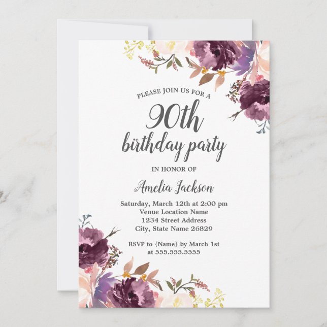 Purple Watercolor Floral 90th Birthday Party Invitation (Front)