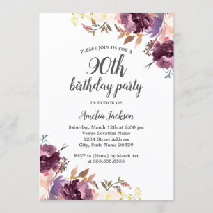 Purple Watercolor Floral 90th Birthday Party Invitation