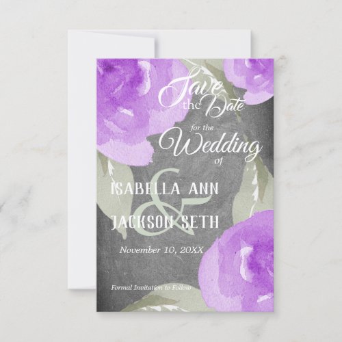 Purple Watercolor Floral and Chalkboard Save The Date