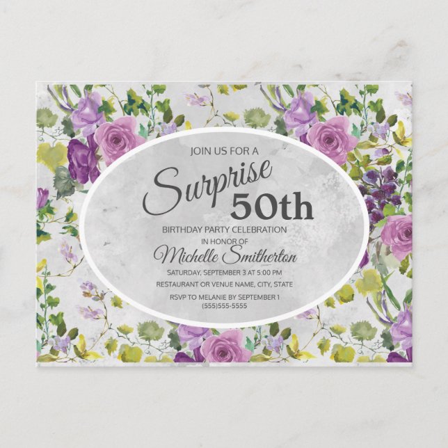 Purple Watercolor Floral and Leaves 50th Birthday Postcard (Front)
