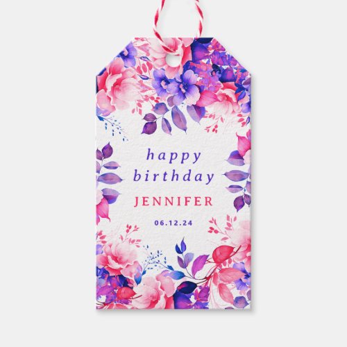 Purple Watercolor Floral Any Age Happy Birthday  Gift Tags