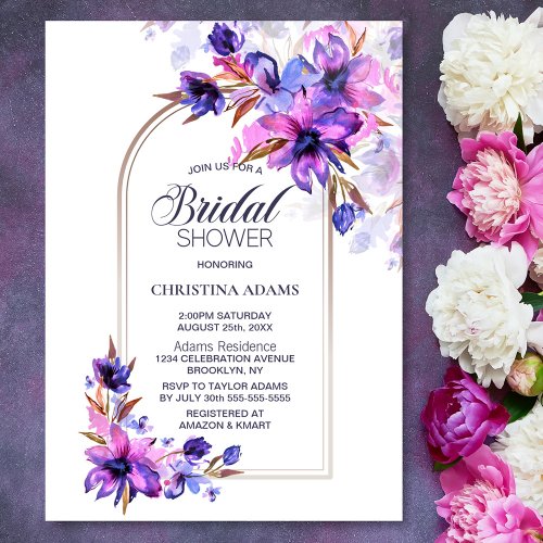 Purple Watercolor Floral Arch Bridal Shower Invitation