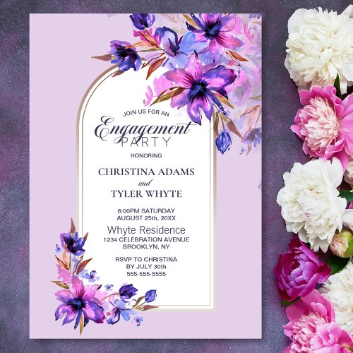 Purple Watercolor Floral Arch Engagement Party Invitation