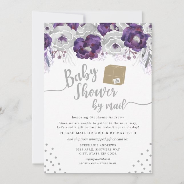 Purple Watercolor Floral Baby Shower by mail Invitation (Front)