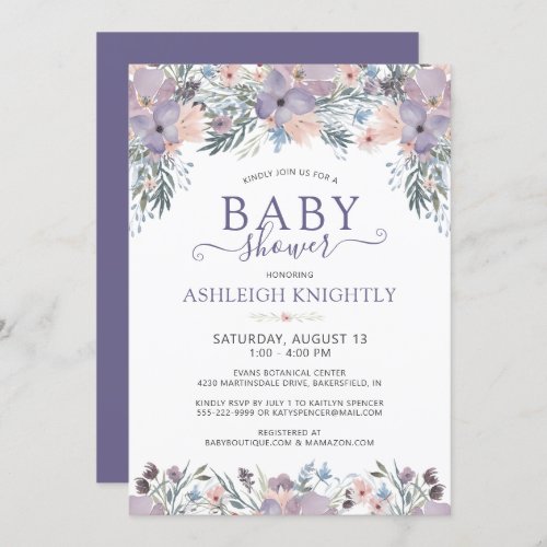 Purple Watercolor Floral Baby Shower  Invitation