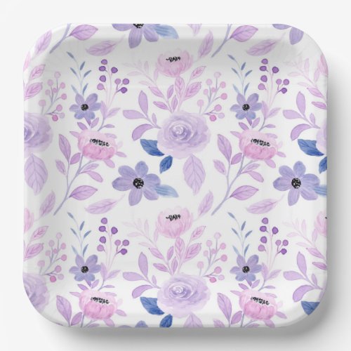 Purple Watercolor Floral Birthday Party Shower Paper Plates