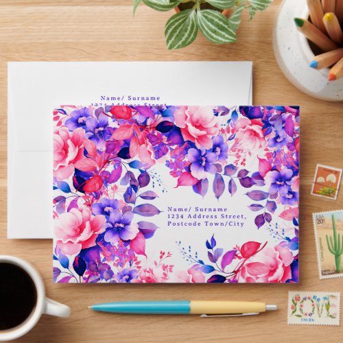 Purple Watercolor Floral Birthday Shower Wedding Envelope