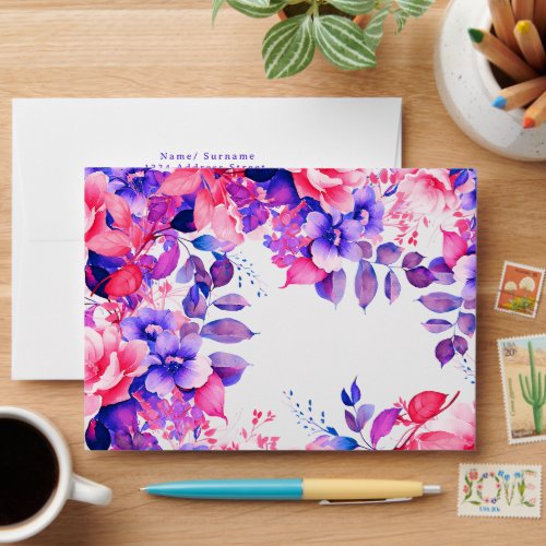 Purple Watercolor Floral Birthday Shower Wedding Envelope