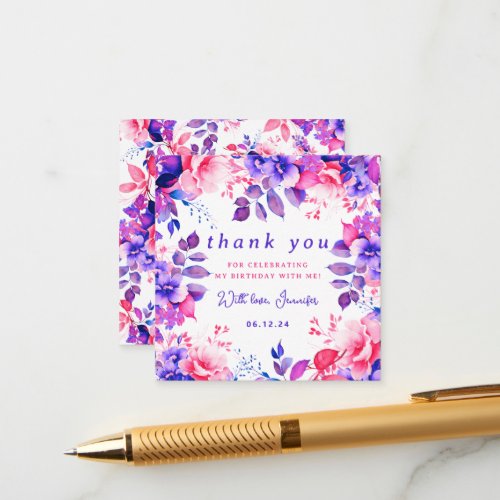 Purple Watercolor Floral Birthday Thank You Insert
