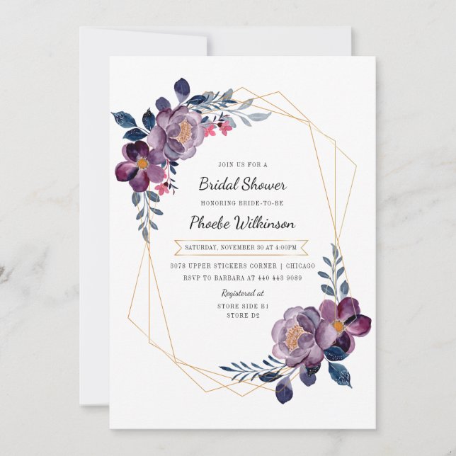 Purple Watercolor Floral Blush Bridal Shower Invitation (Front)