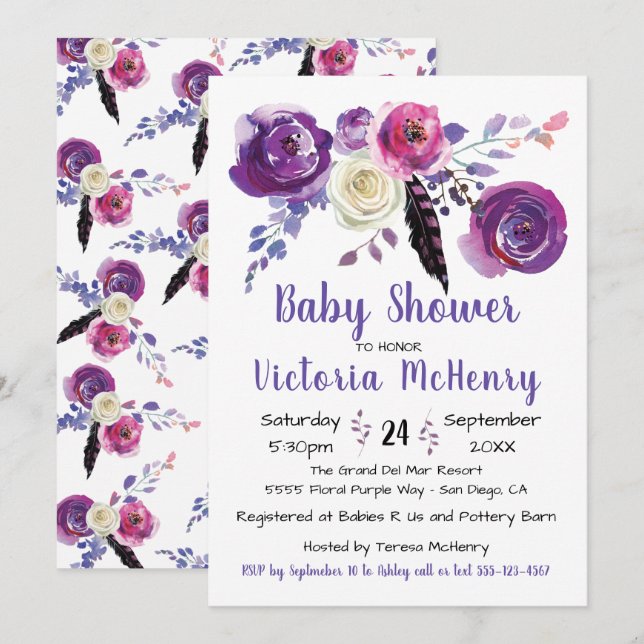 Purple watercolor Floral Boho BabyShower Invitation (Front/Back)
