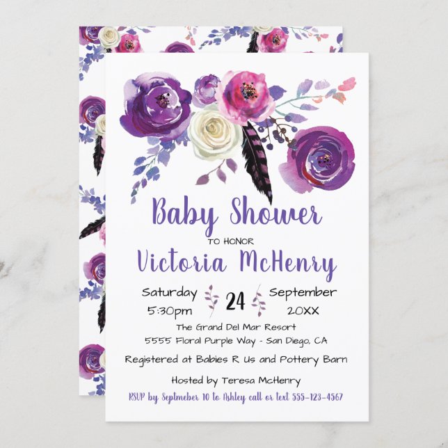 Purple watercolor Floral Boho BabyShower Invitation (Front/Back)