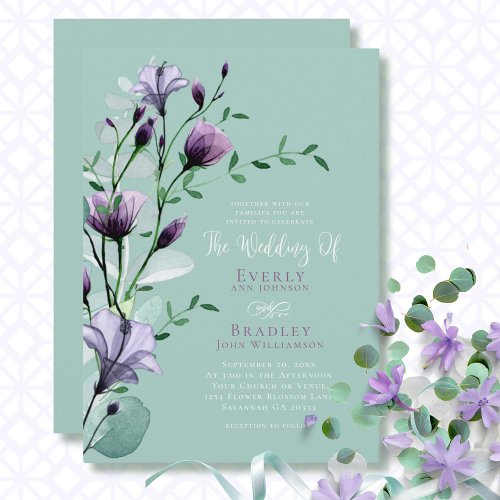 Purple Watercolor Floral Boho QR Code Wedding Invitation